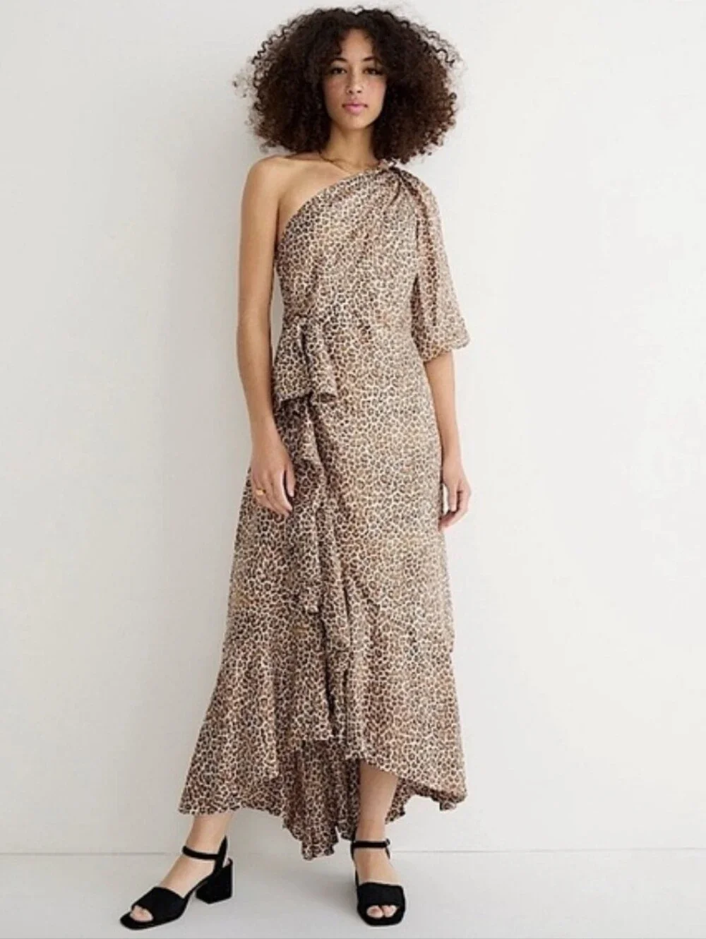 J. Crew One Shoulder Ruffle Hem Maxi Dress In Leopard Women's Size 2 NEW Preppy